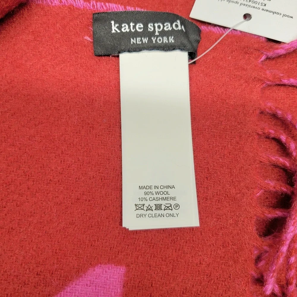 Kate Spade Wool Cashmere Scarf Oversized Designer Spade Logo Red & Pink NWT